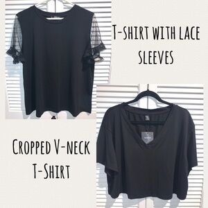 Cropped V-neck Black T-Shirt and Black Lace short sleeve T-Shirt 2XL